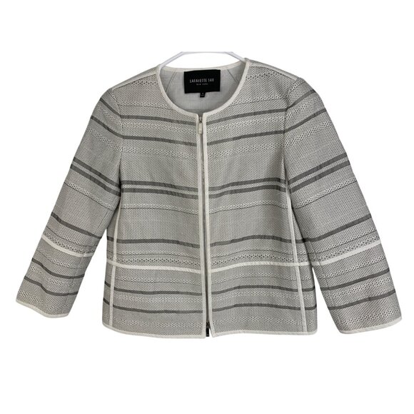 Lafayette 148 Tilda Womens Striped 3/4 Sleeve Zip Jacket Gray White Size P EUC - Picture 1 of 9